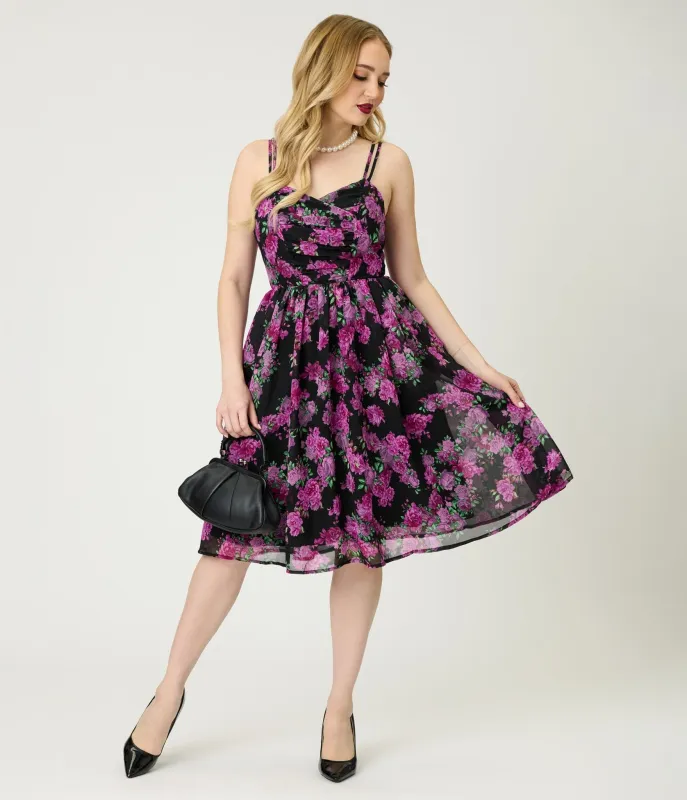 Unique Vintage Black & Purple Floral Reed Swing Dress sold by Unique Vintage