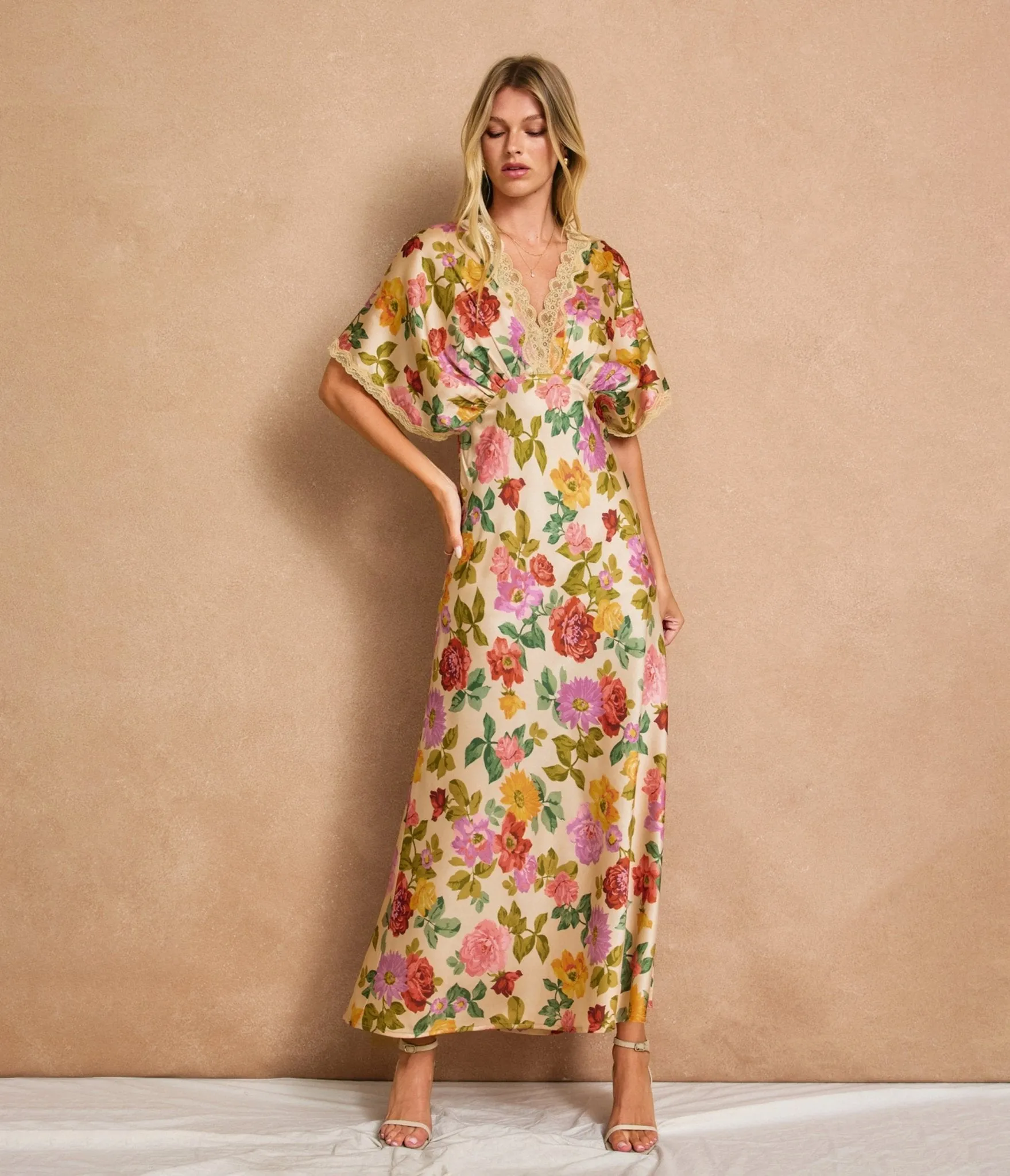 Champagne Floral Blouson Maxi Dress sold by Unique Vintage