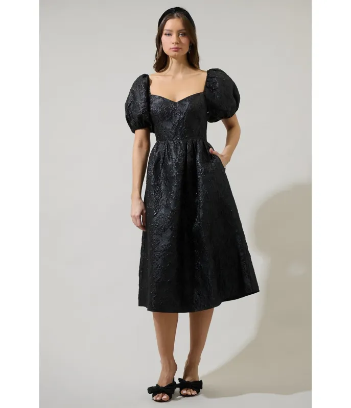 Black Floral Jacquard Puff Sleeve Midi Dress in Black sold by Unique Vintage