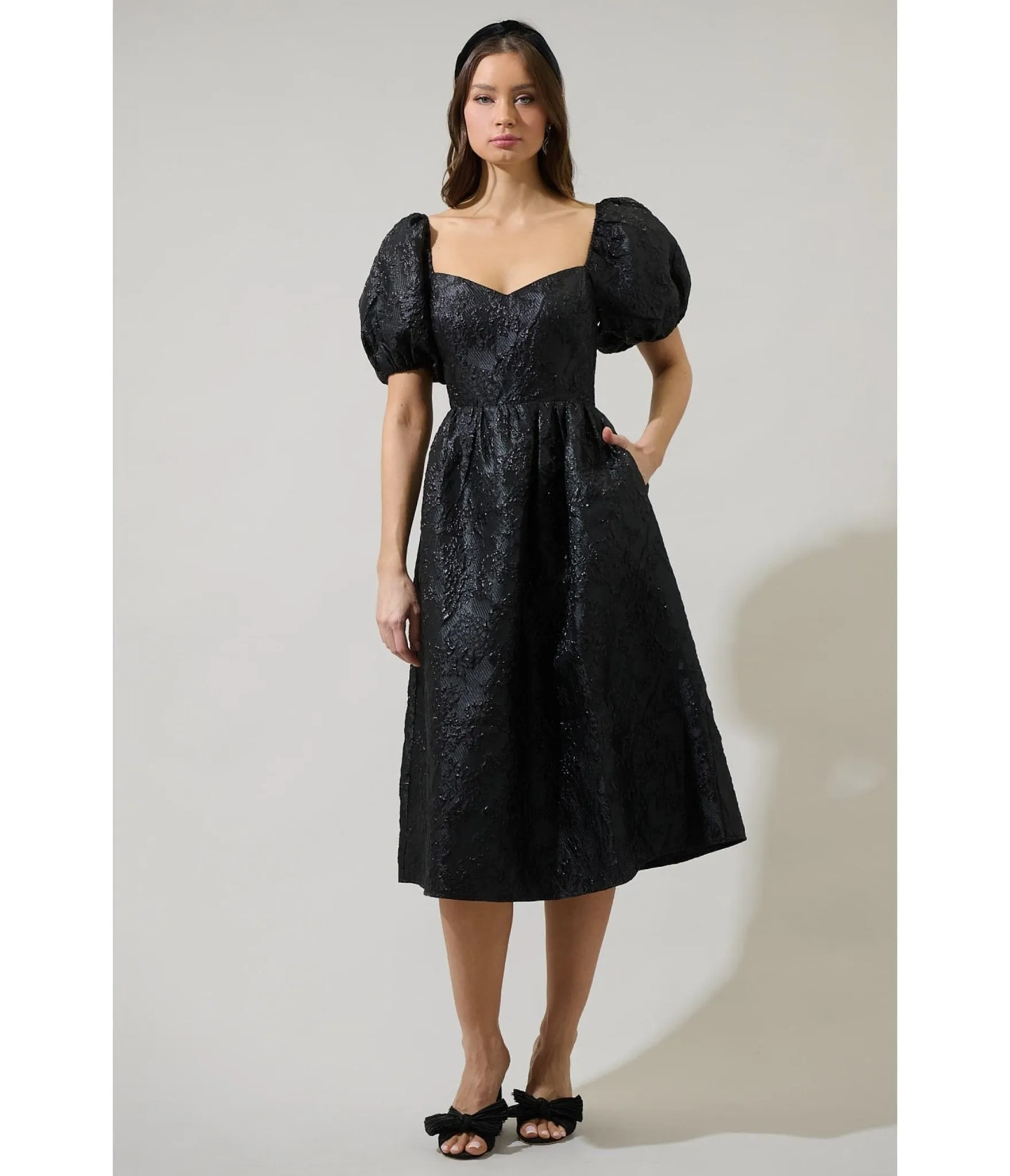 Black Floral Jacquard Puff Sleeve Midi Dress in Black sold by Unique Vintage