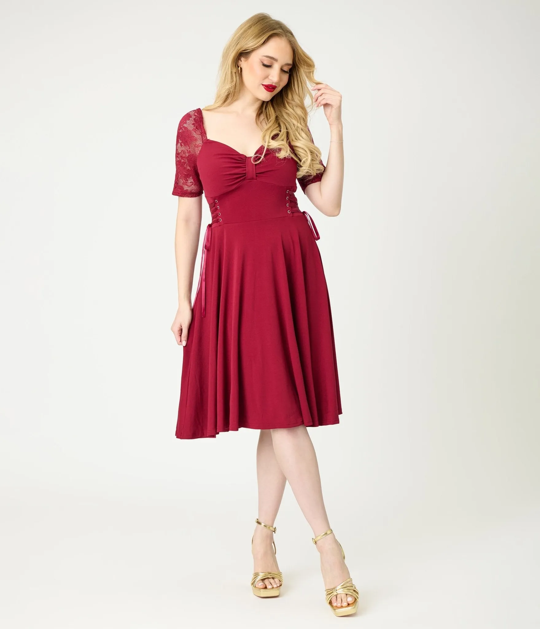 Burgundy Lace Sleeve Swing Dress sold by Unique Vintage product image thumbnail 3