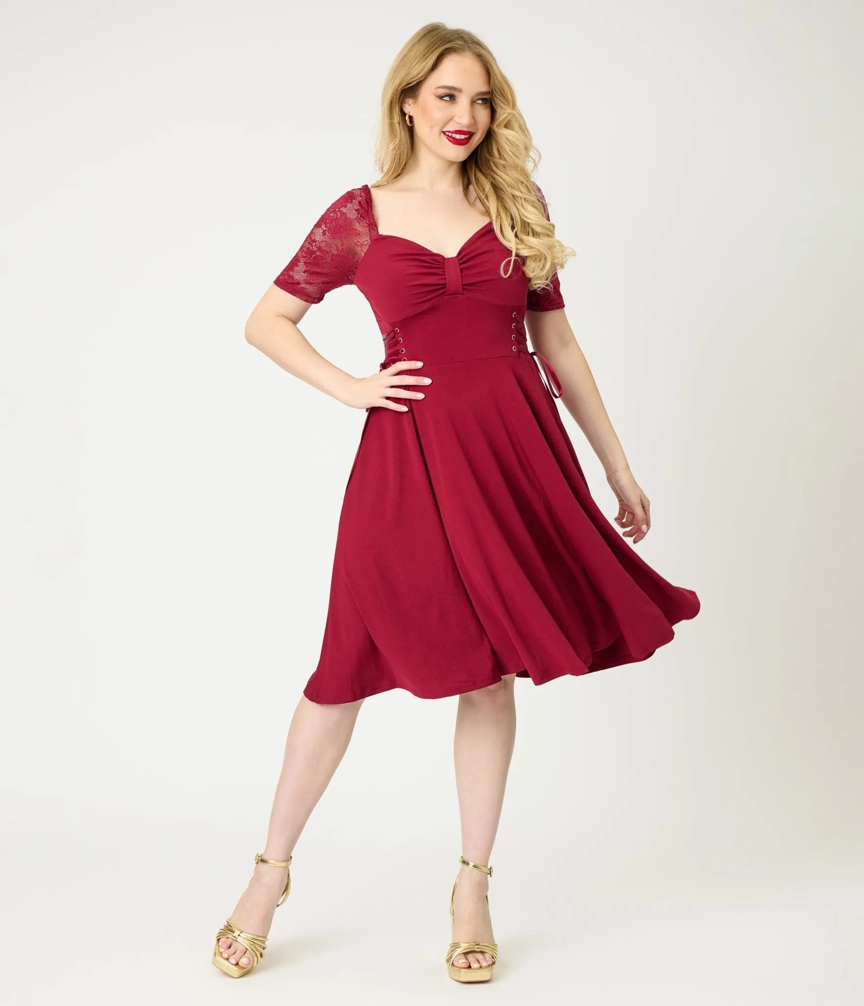 Burgundy Lace Sleeve Swing Dress sold by Unique Vintage