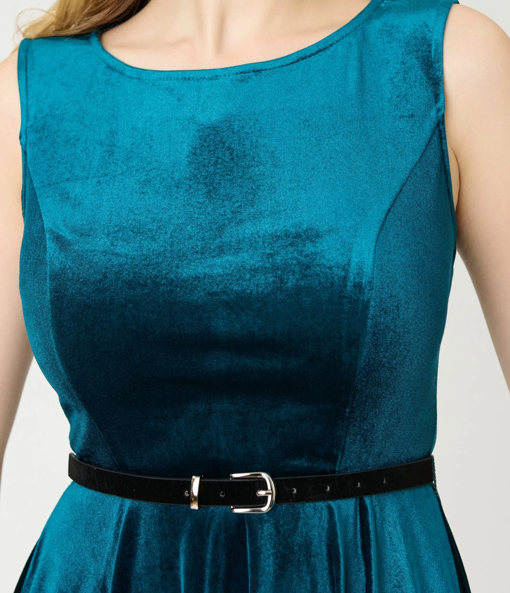 Teal Velvet Belted Swing Dress sold by Unique Vintage product image thumbnail 4