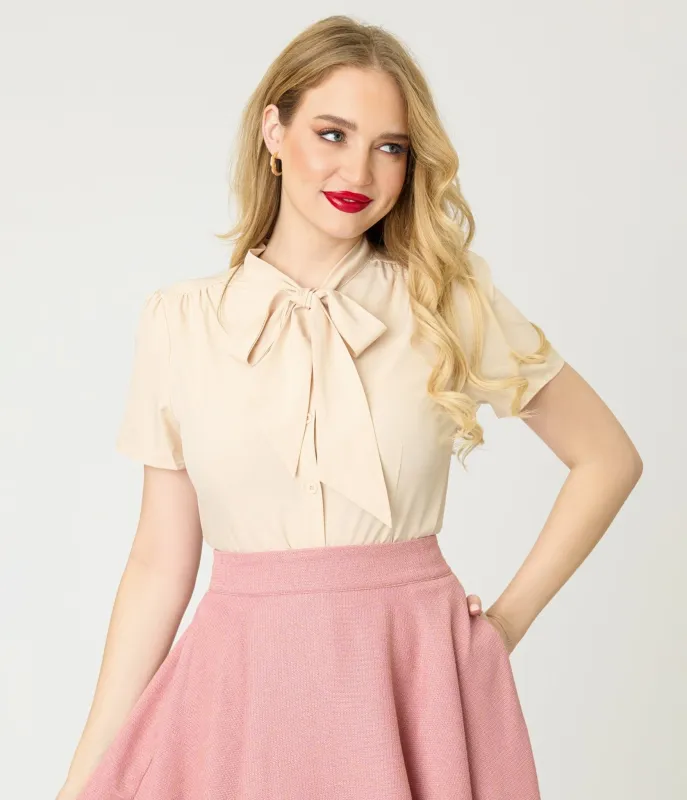 Peach Short Sleeve Bow Blouse sold by Unique Vintage