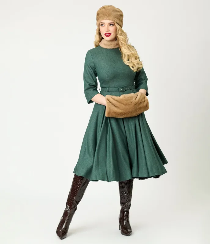 Banned Green & Brown Faux Fur Collar Swing Dress made by Unique Vintage