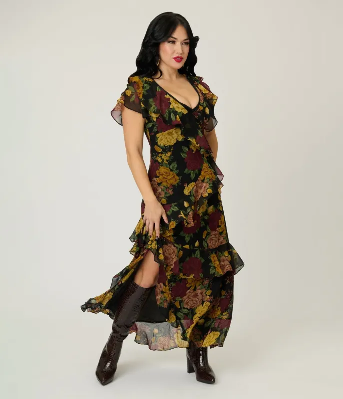 Twilight Bloom Ruffled V Neck Maxi Dress sold by Unique Vintage