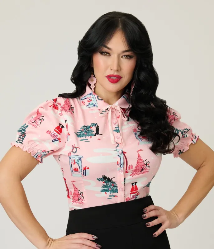 Banned Pink Lilly Puuurfect Christmas Print Blouse sold by Unique Vintage