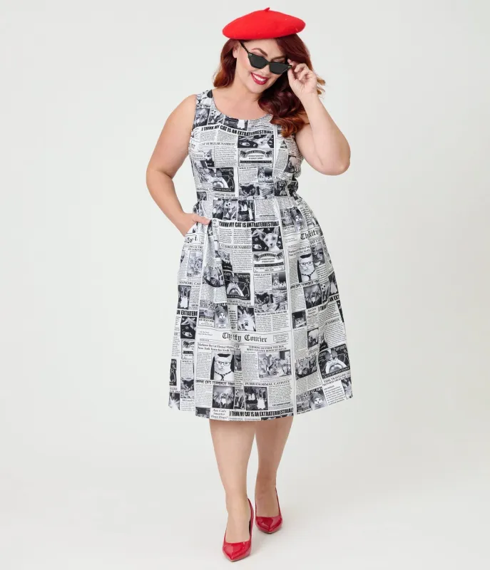 Retrolicious Plus Size Newspaper Print Cotton Flare Dress sold by Unique Vintage