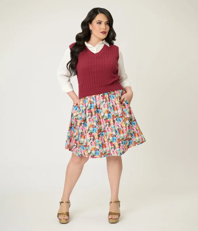 Retrolicious Plus Size Rainbow Sewing Gnomes Cotton Skater Skirt sold by Unique Vintage
