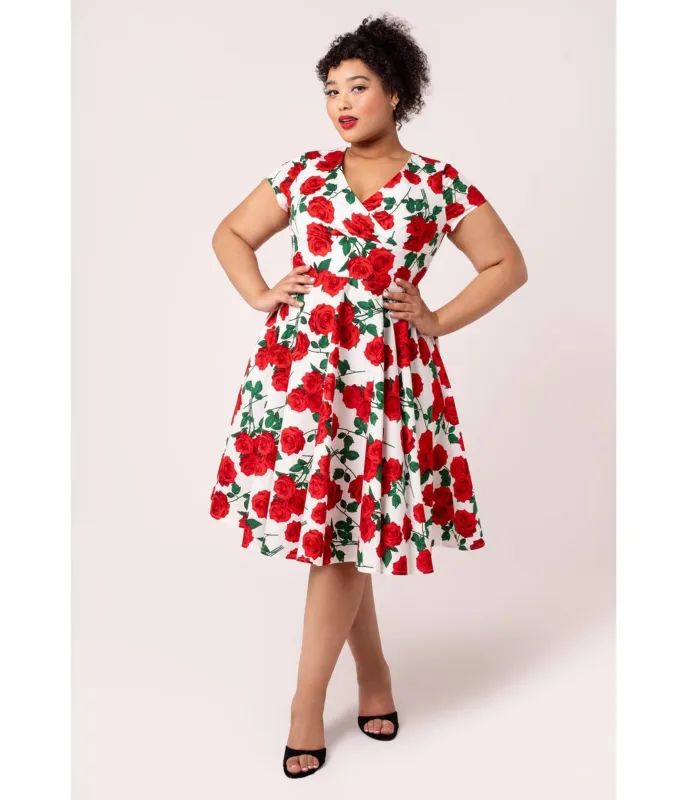 Hell Bunny Plus Size White & Red Roses Dolce Vita Swing Dress sold by Unique Vintage