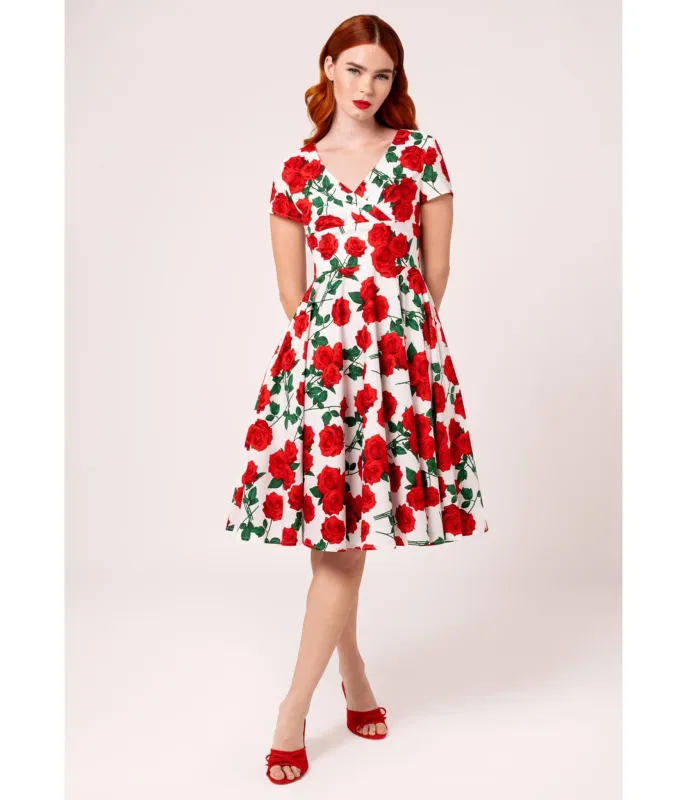 Hell Bunny White & Red Roses Dolce Vita Swing Dress sold by Unique Vintage