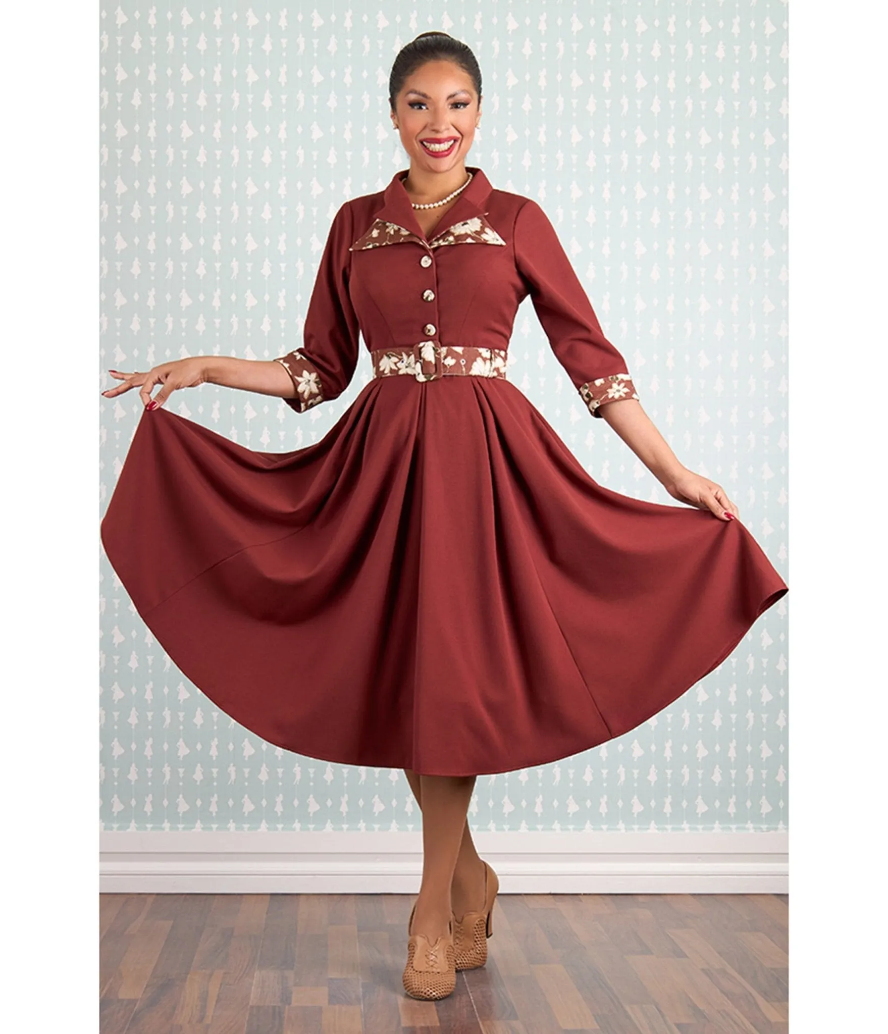 Miss Candyfloss Burgundy Alizee Swing Dress sold by Unique Vintage