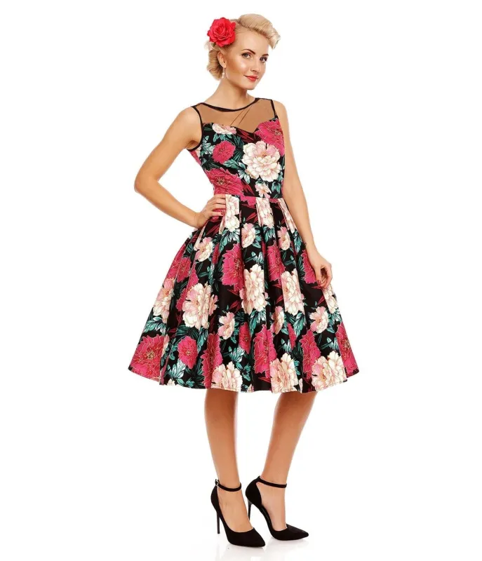 Dolly & Dotty Black & Pink Floral Elizabeth Swing Dress sold by Unique Vintage
