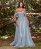 Cinderella Divine  Smoky Blue Glitter Lace & Tulle Embellished Off The Shoulder Prom Gown sold by Unique Vintage