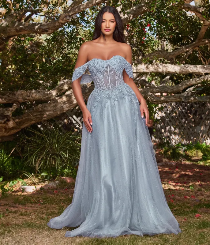 Cinderella Divine  Smoky Blue Glitter Lace & Tulle Embellished Off The Shoulder Prom Gown sold by Unique Vintage