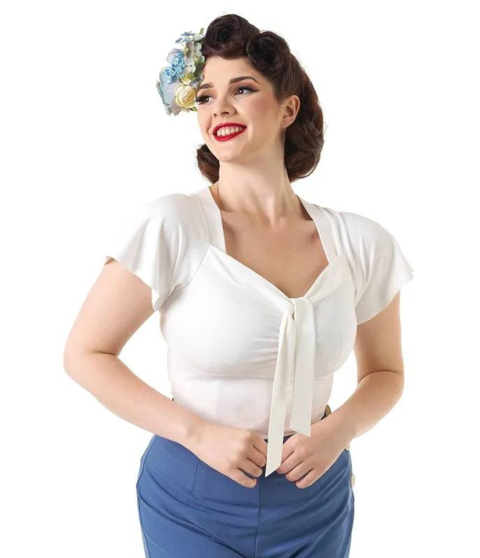 Pretty Retro Ivory Pretty Self Tie Top sold by Unique Vintage