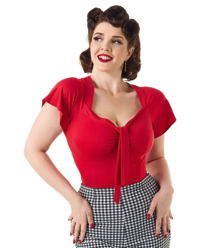 Pretty Retro Red Pretty Self Tie Top sold by Unique Vintage
