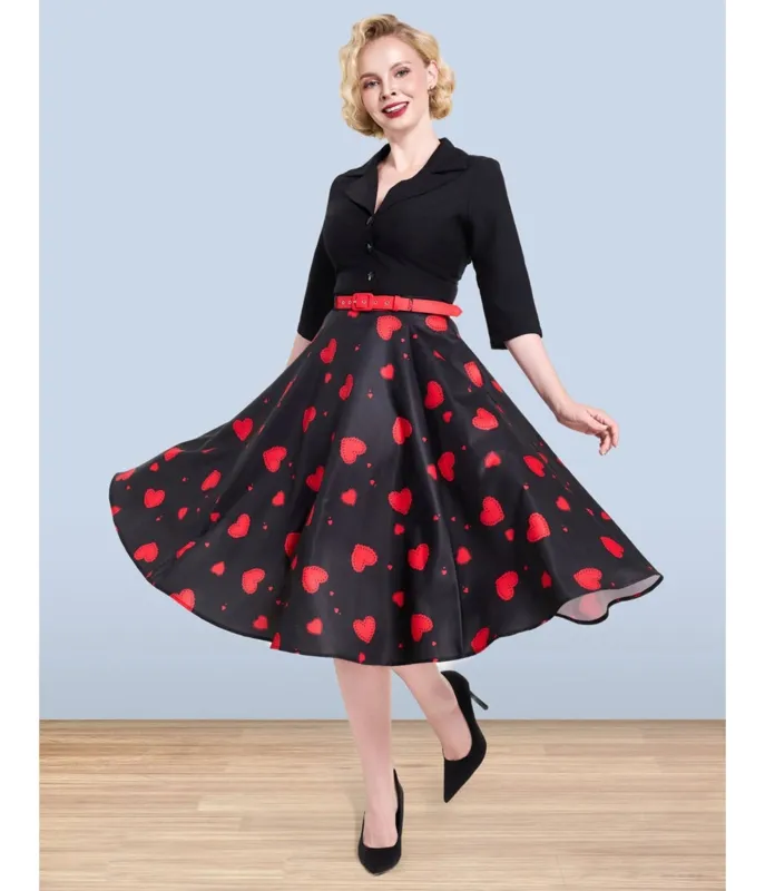 Lindy Bop Red Heart Print Christine Skirt sold by Unique Vintage