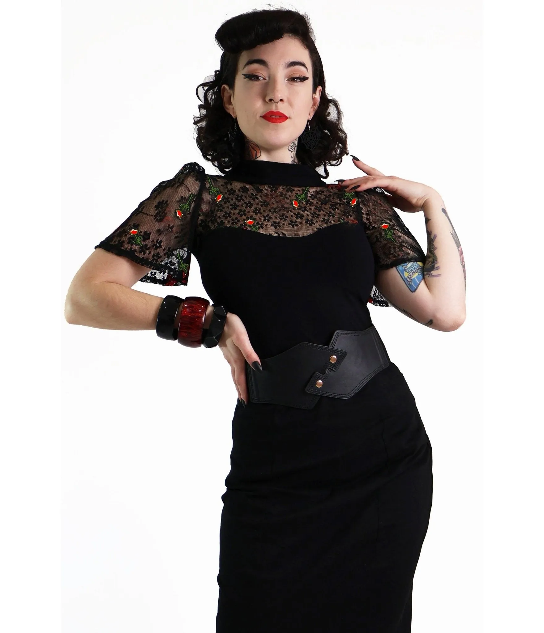 Bonsai Kitten Black Rose Lace Short Sleeve Top sold by Unique Vintage
