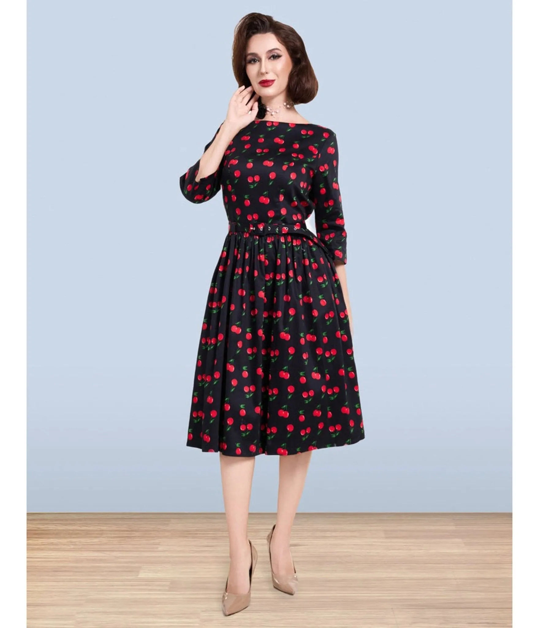 Lindy Bop Black Cherry Print Audrey Dress sold by Unique Vintage