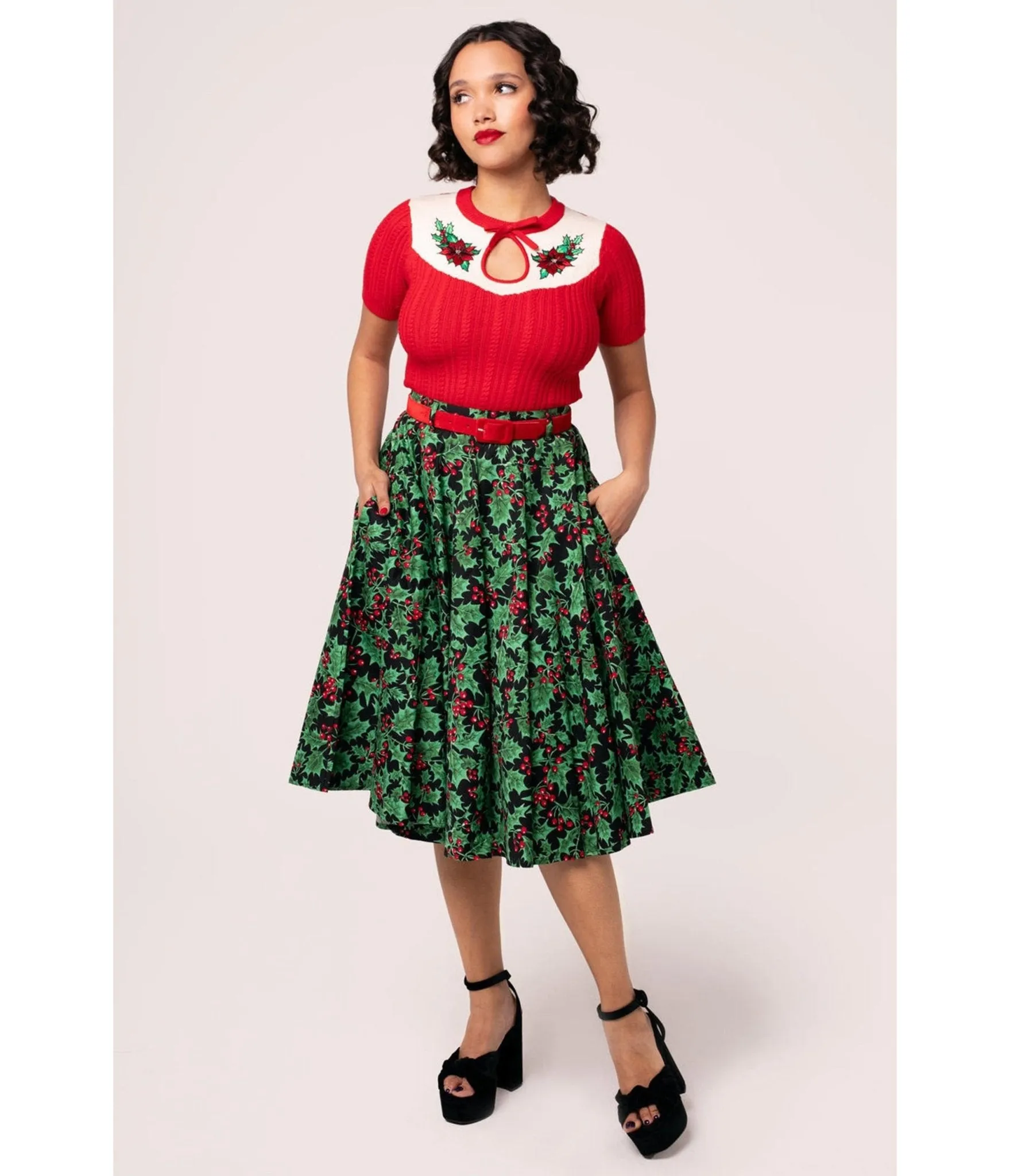 Hell Bunny Black & Holly Print Nicole Swing Skirt sold by Unique Vintage product image thumbnail 2