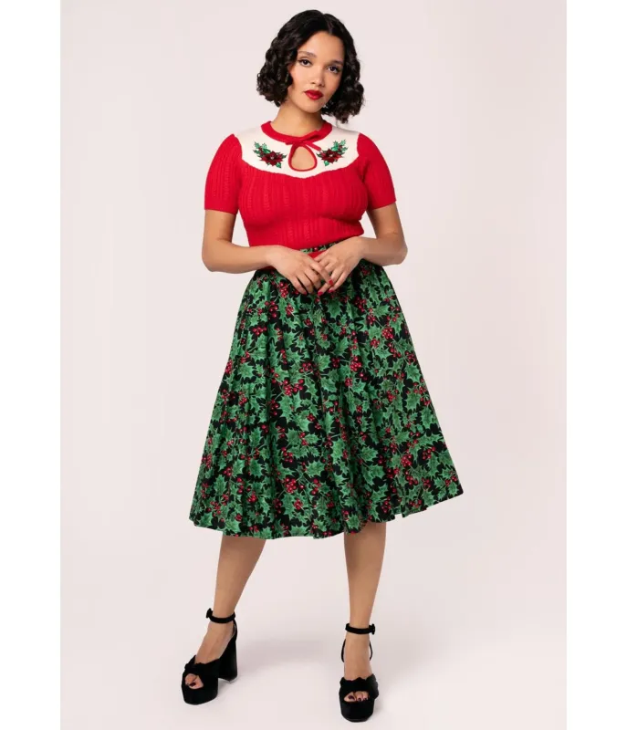 Hell Bunny Black & Holly Print Nicole Swing Skirt sold by Unique Vintage