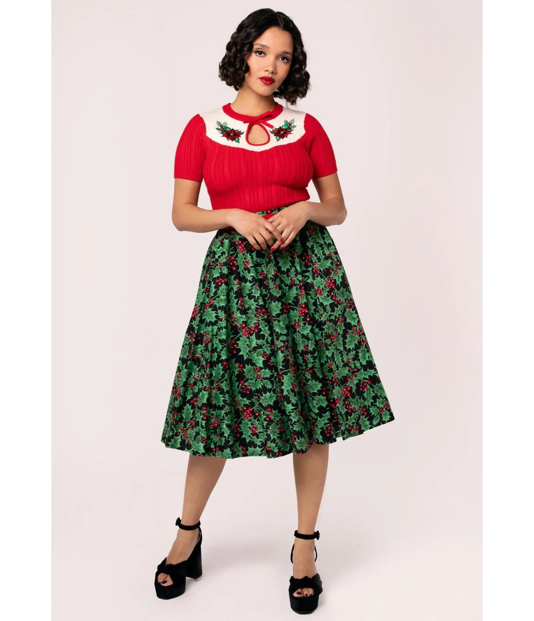 Hell Bunny Black & Holly Print Nicole Swing Skirt sold by Unique Vintage