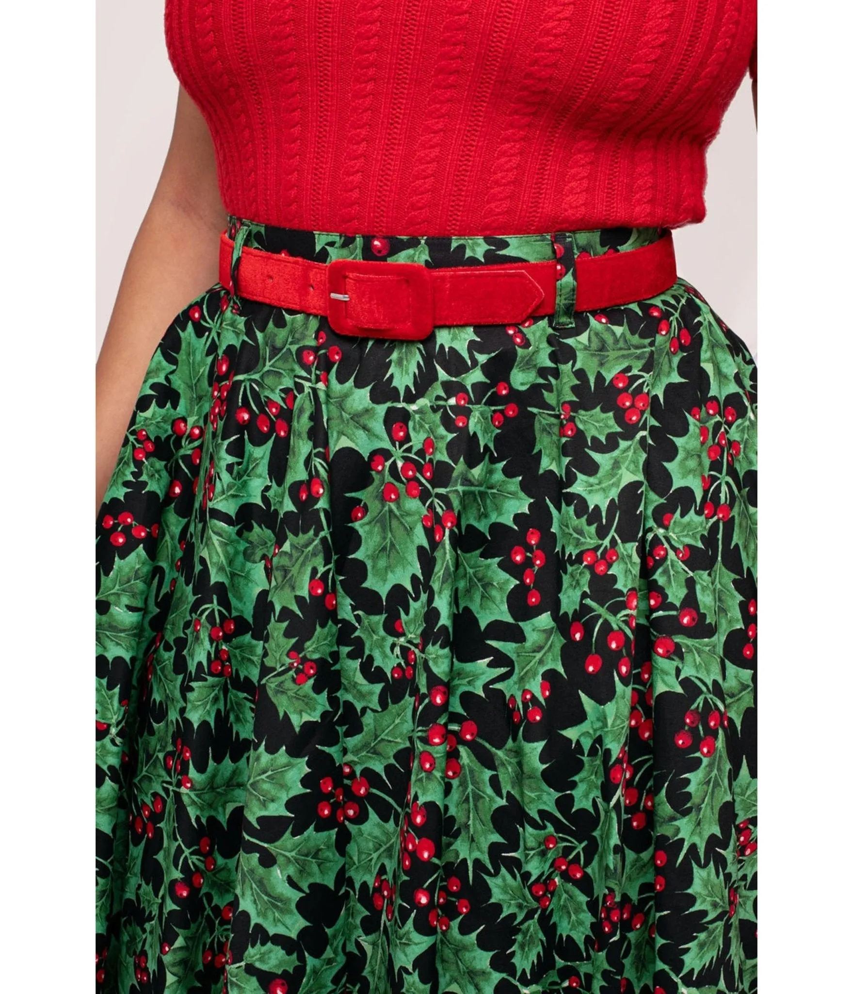 Hell Bunny Black & Holly Print Nicole Swing Skirt sold by Unique Vintage product image thumbnail 3