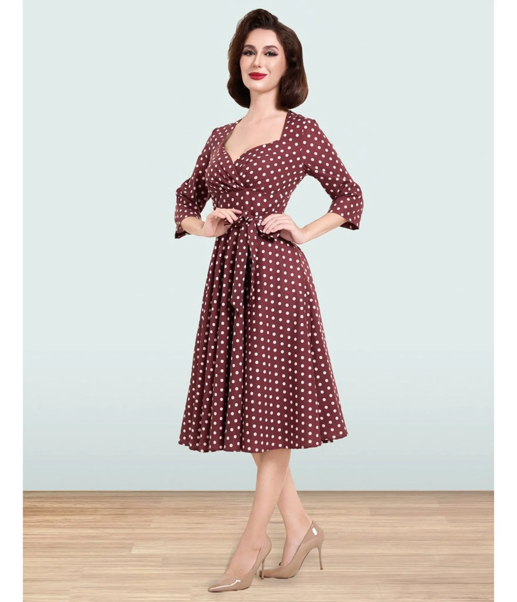 Lindy Bop Brown Polka Dot Rita Flared Dress sold by Unique Vintage product image thumbnail 3