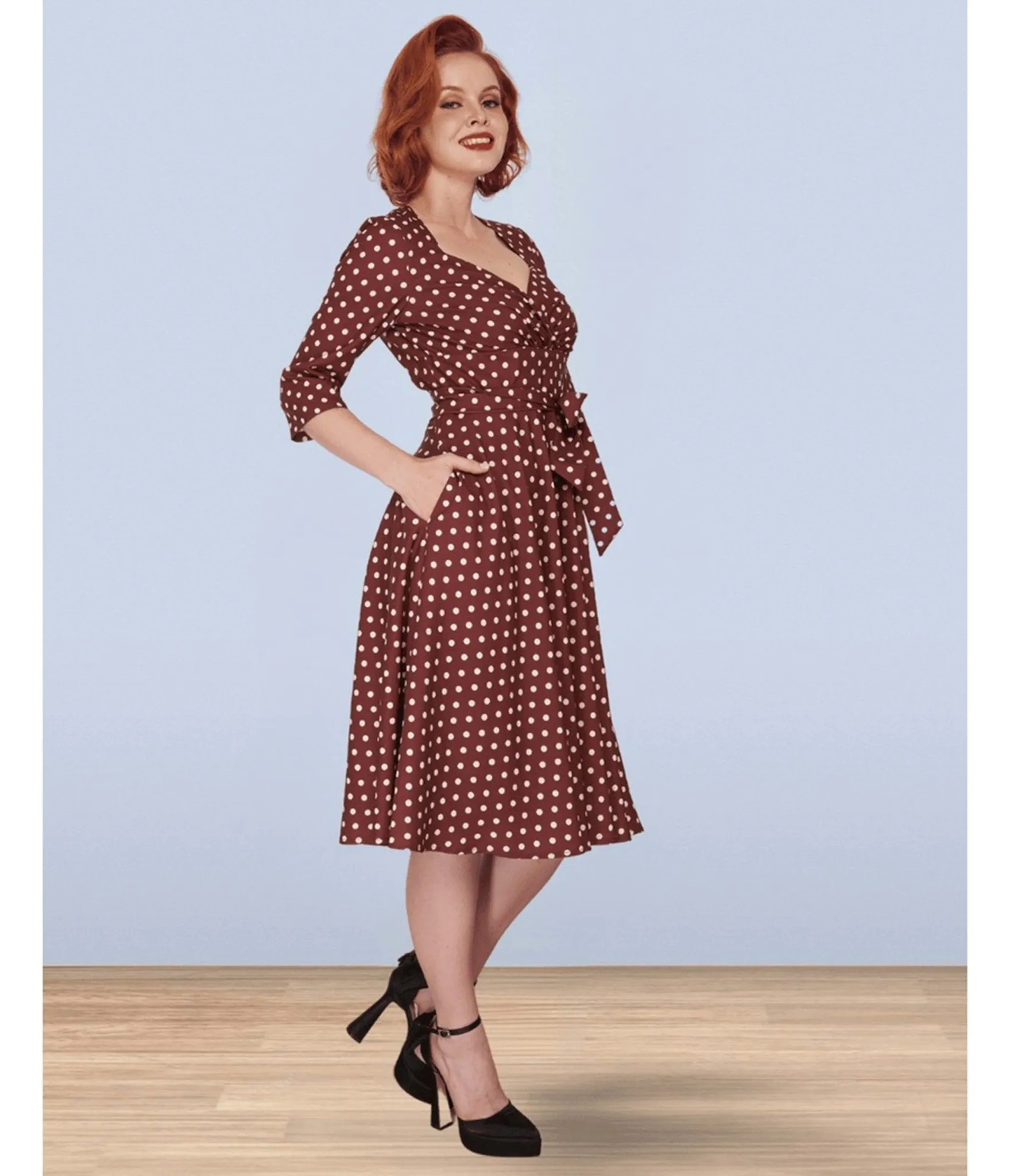 Lindy Bop Brown Polka Dot Rita Flared Dress sold by Unique Vintage product image thumbnail 5