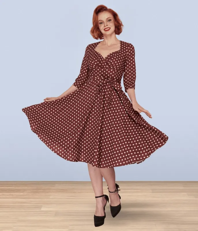 Lindy Bop Brown Polka Dot Rita Flared Dress sold by Unique Vintage