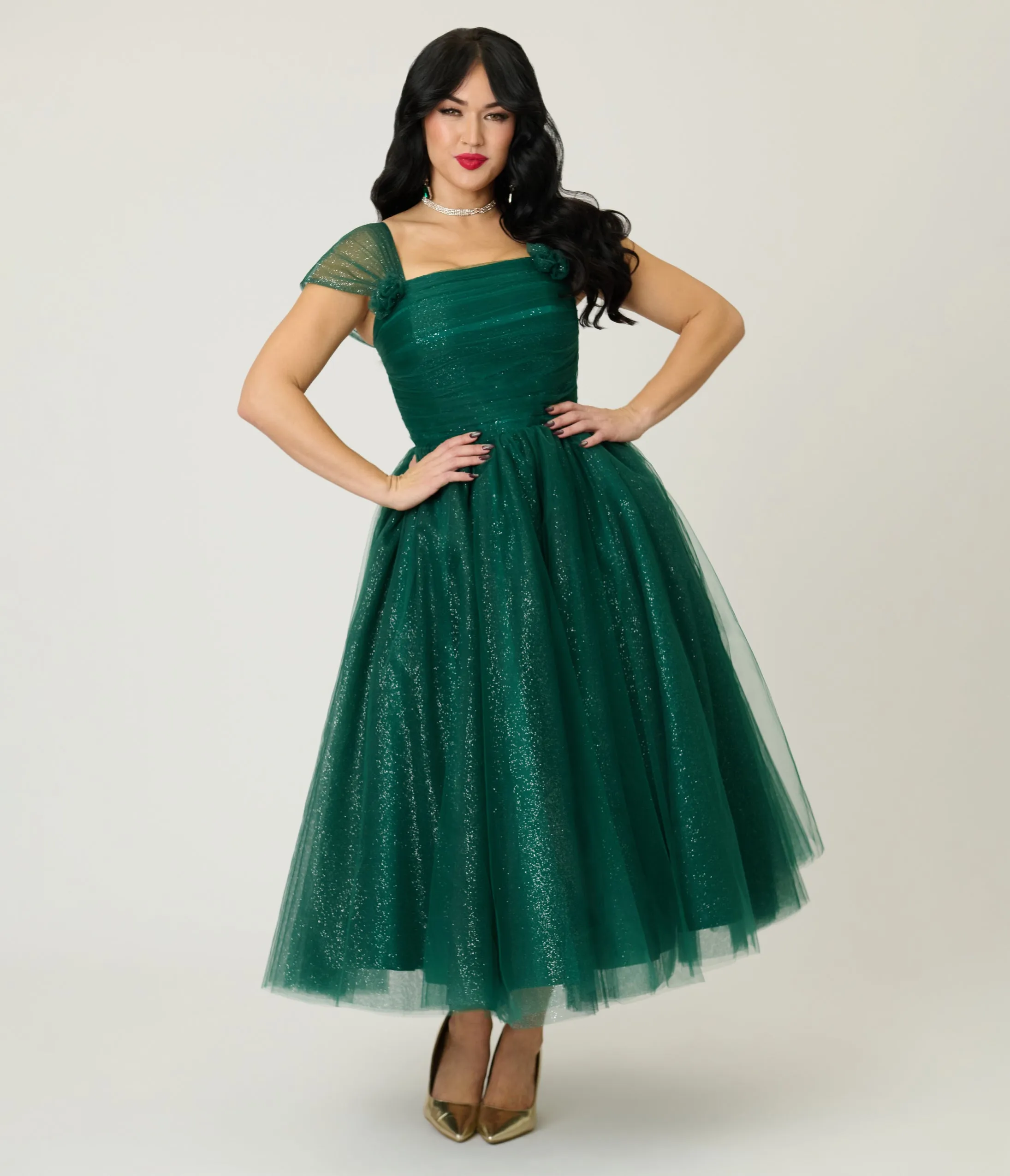 Unique Vintage Green Glitter 1950's Tea Length Gown sold by Unique Vintage product image thumbnail 4