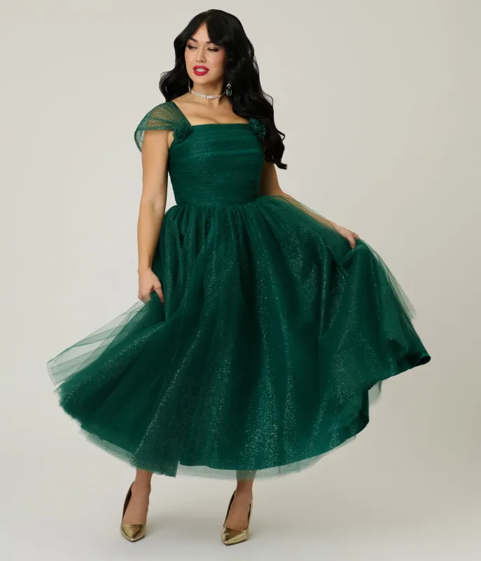 Unique Vintage Green Glitter 1950's Tea Length Gown made by Unique Vintage