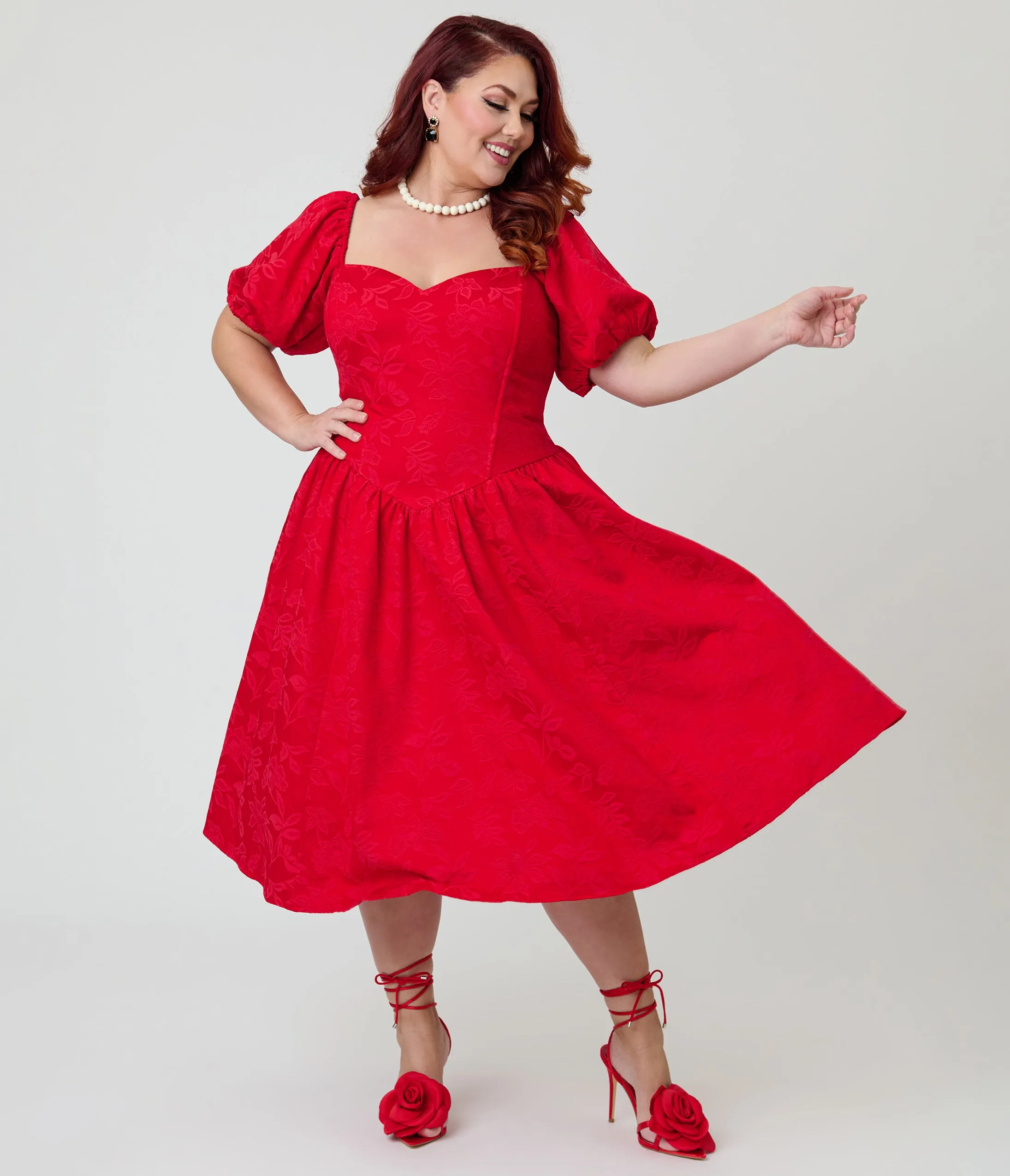 Smak Parlour Plus Size Red Brocade Sweetheart Swing Dress sold by Unique Vintage