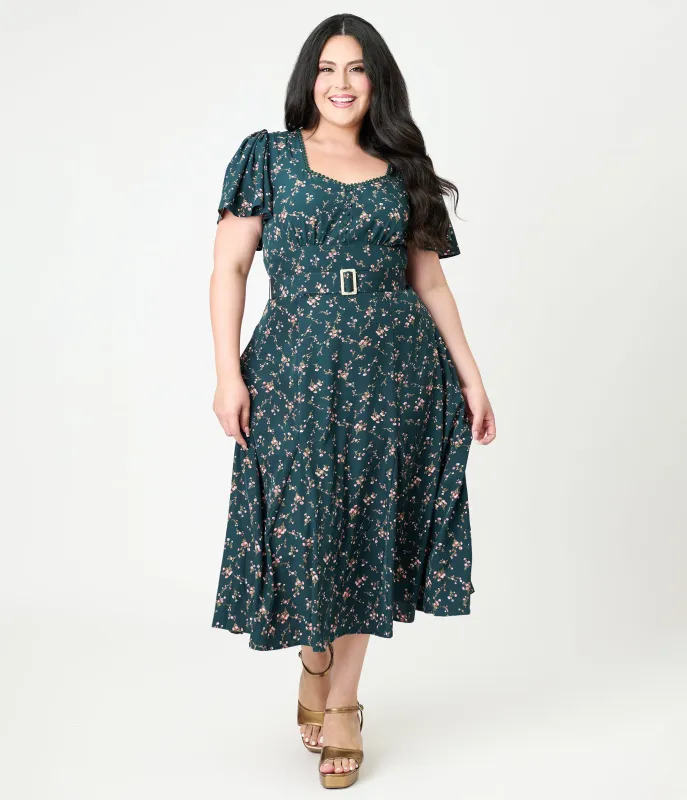 Unique Vintage Plus Size 1940s Teal Ditzy Floral Print Midi Dress sold by Unique Vintage