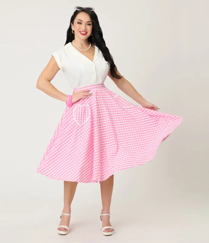 Unique Vintage Pink Gingham Sally Swing Skirt sold by Unique Vintage