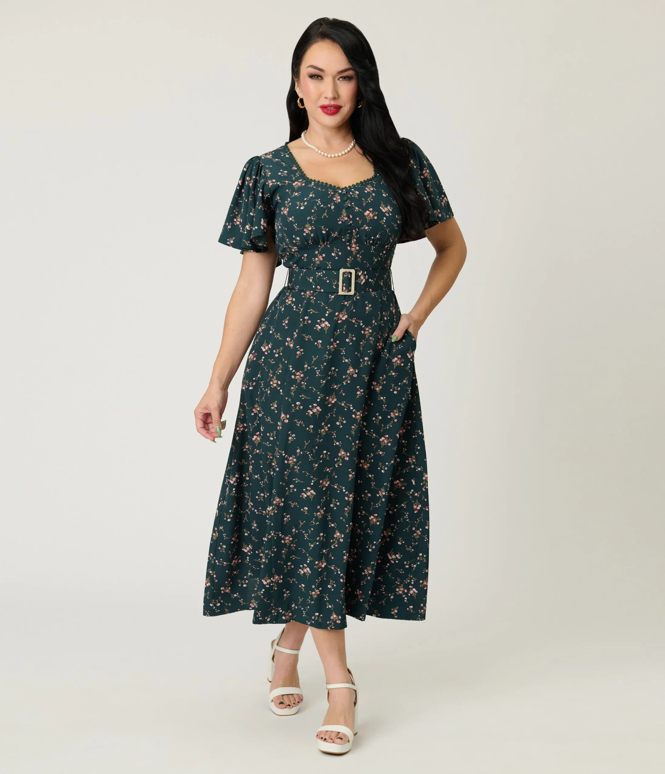 Unique Vintage 1940s Teal Ditzy Floral Print Midi Dress sold by Unique Vintage product image thumbnail 3