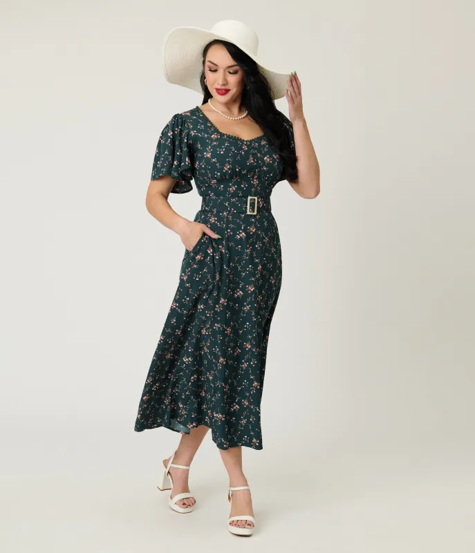 Unique Vintage 1940s Teal Ditzy Floral Print Midi Dress sold by Unique Vintage