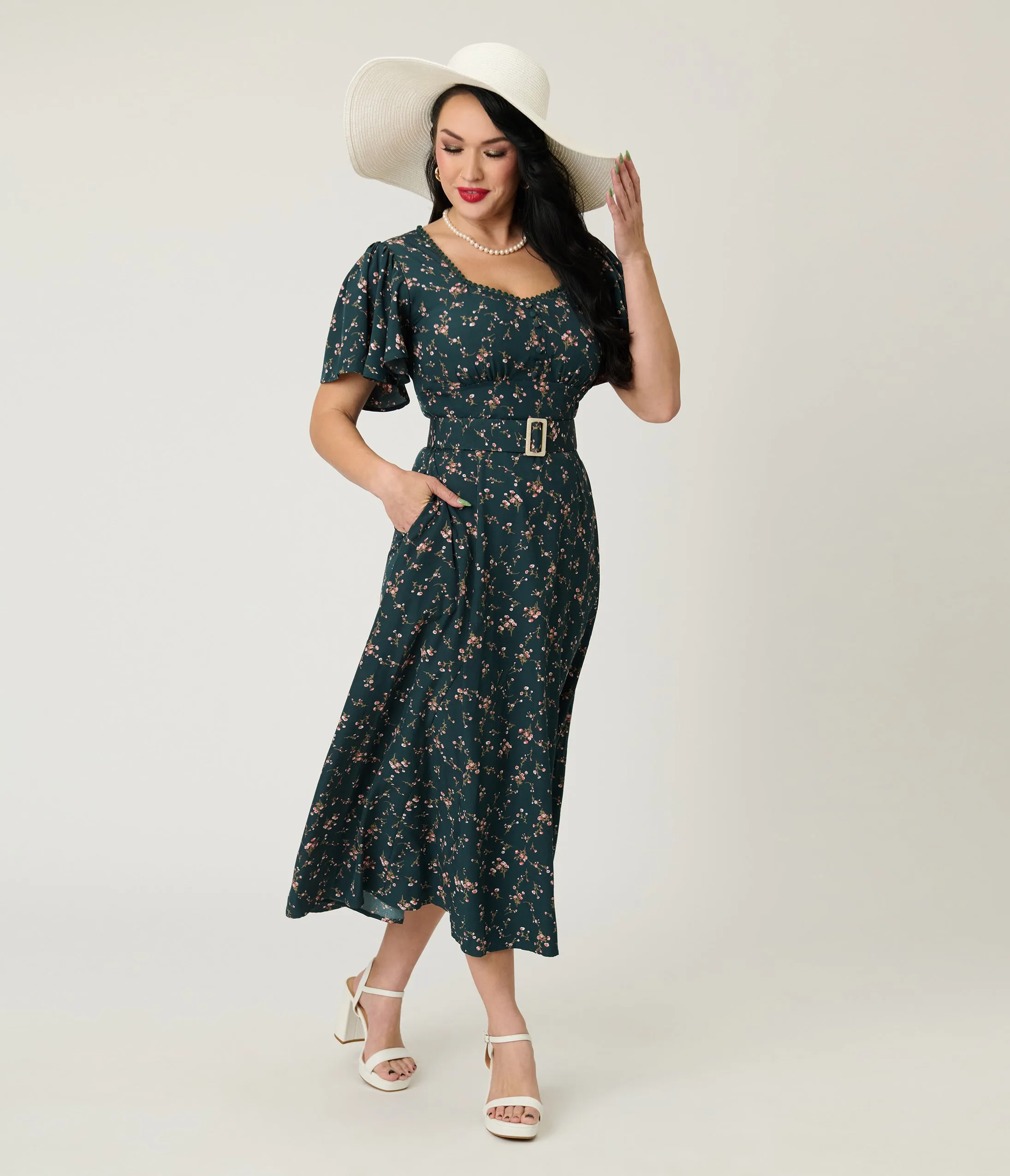 Unique Vintage 1940s Teal Ditzy Floral Print Midi Dress sold by Unique Vintage