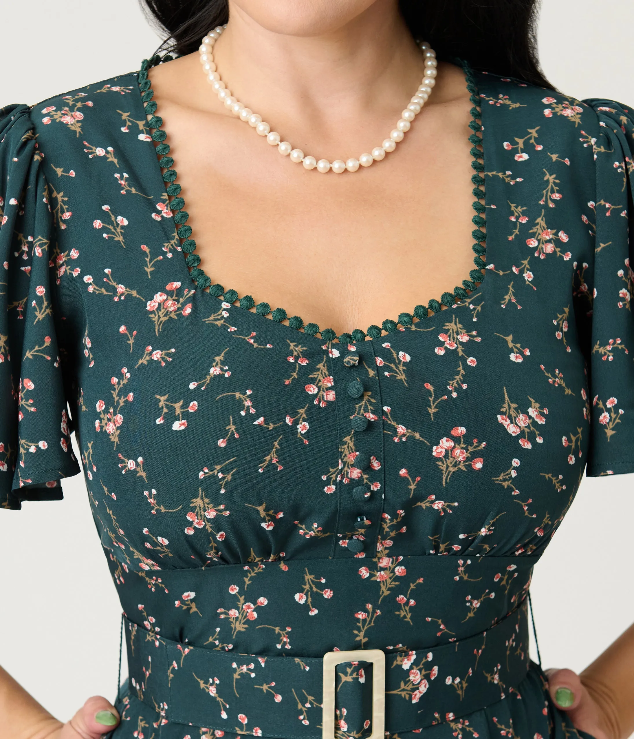 Unique Vintage 1940s Teal Ditzy Floral Print Midi Dress sold by Unique Vintage product image thumbnail 4
