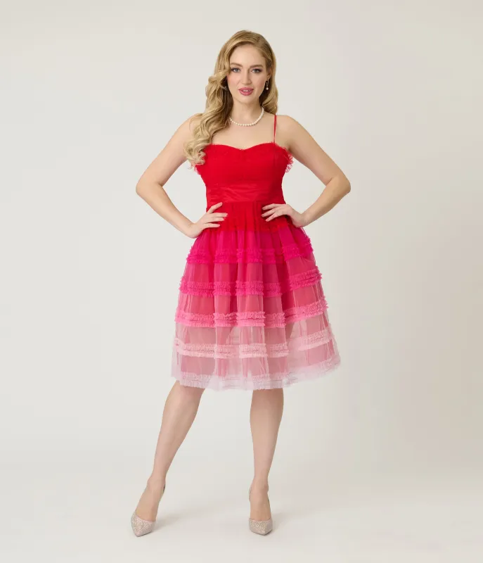 Unique Vintage Red Ombre Tiered Sheer Midi Dress sold by Unique Vintage