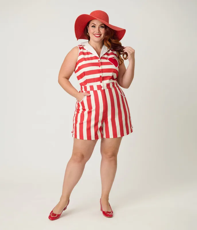 Unique Vintage Plus Size Unique Vintage Red & Ivory Striped Shelby Romper sold by Unique Vintage