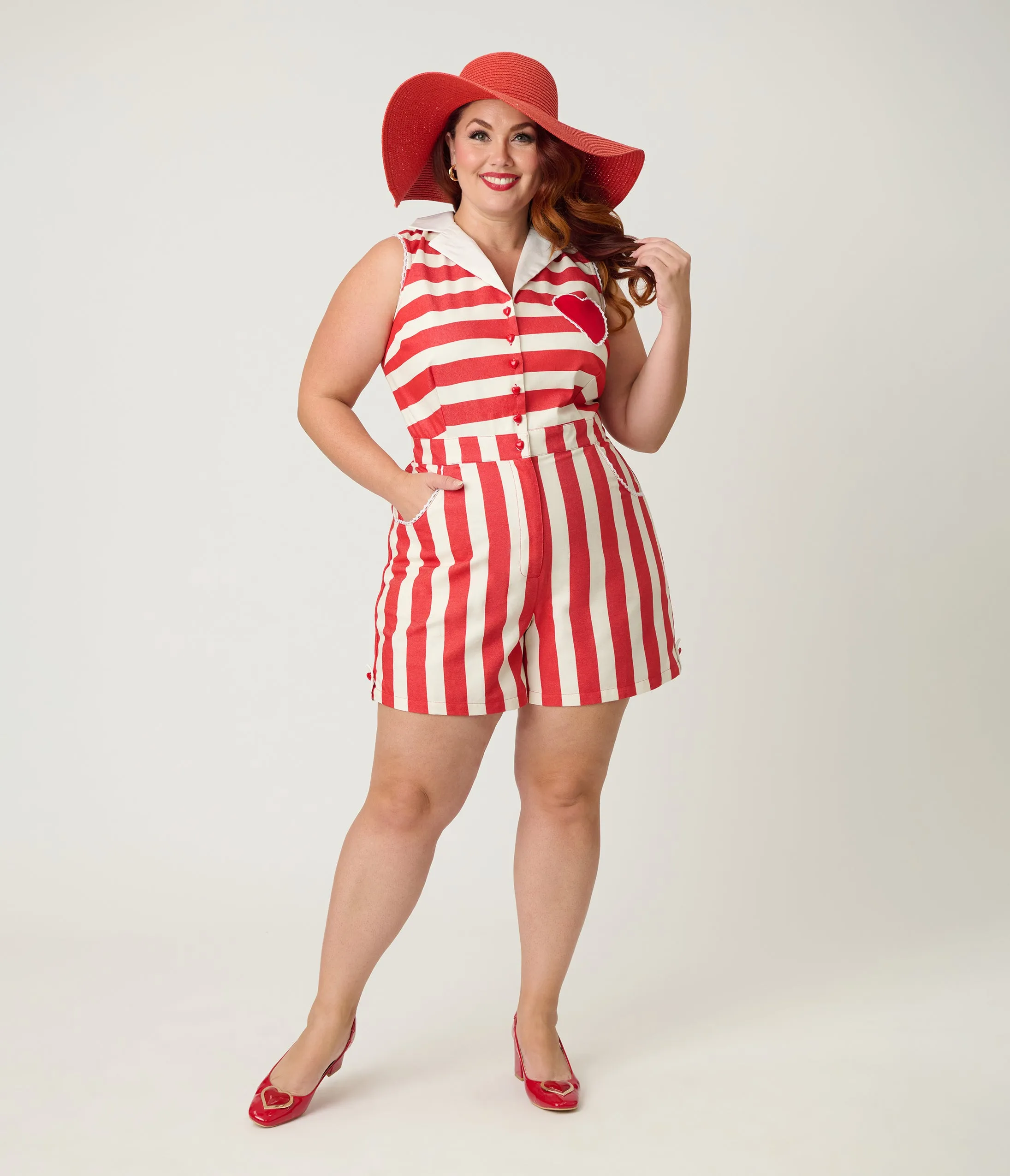 Unique Vintage Plus Size Unique Vintage Red & Ivory Striped Shelby Romper sold by Unique Vintage