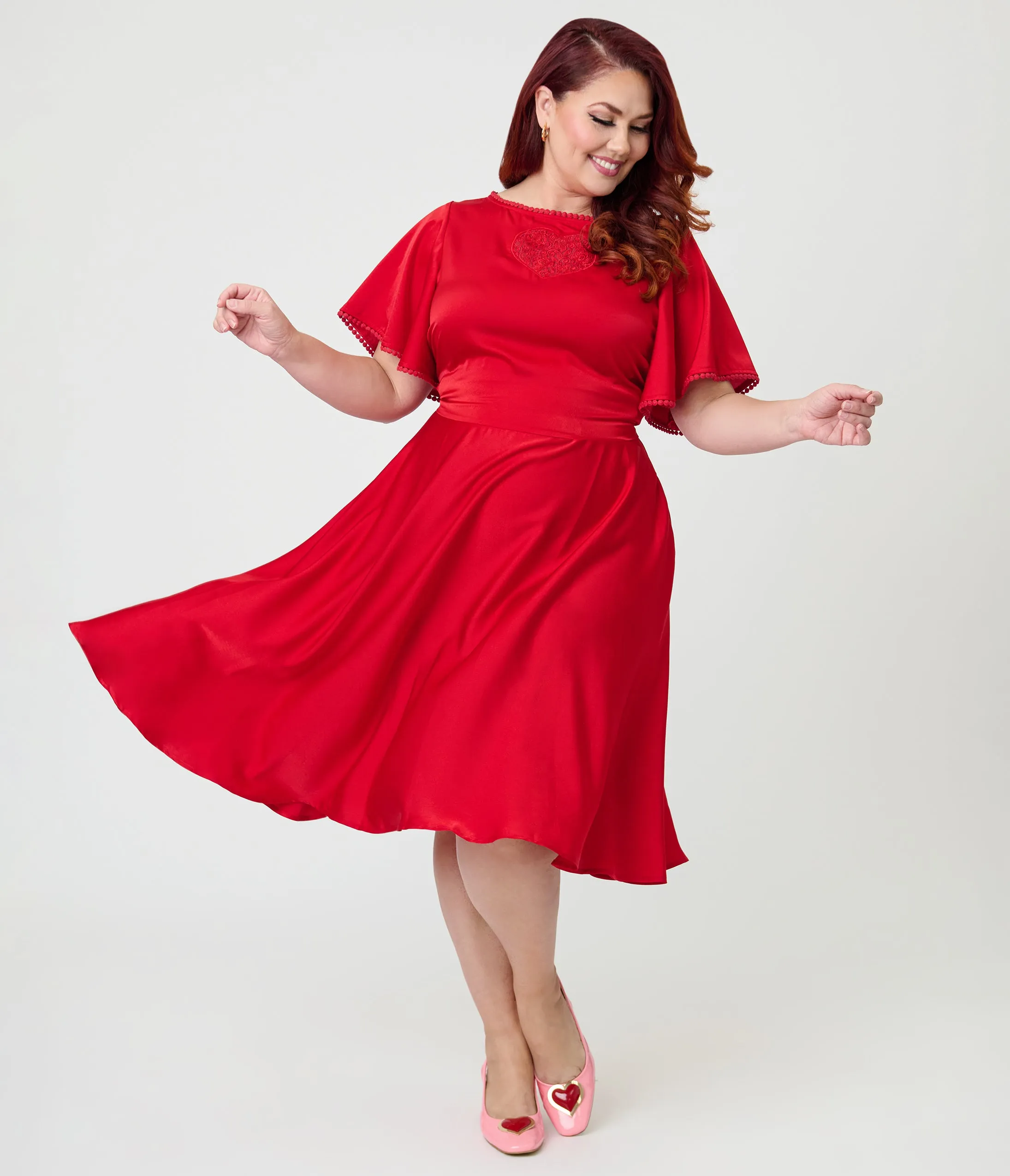 Unique Vintage Plus Size Red Floral Mesh Cutout Swing Dress sold by Unique Vintage