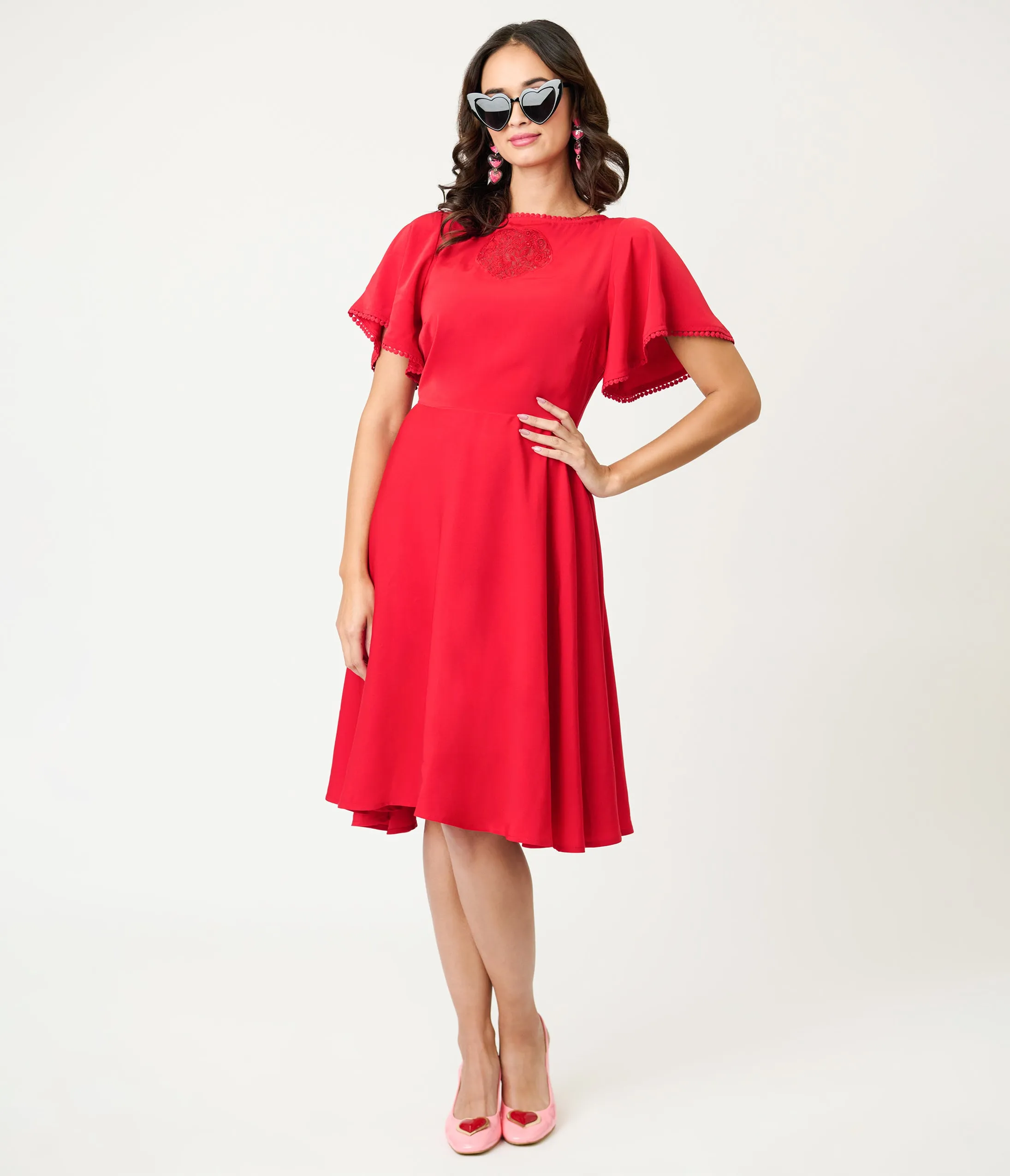 Unique Vintage Red Floral Mesh Cutout Swing Dress sold by Unique Vintage product image thumbnail 3