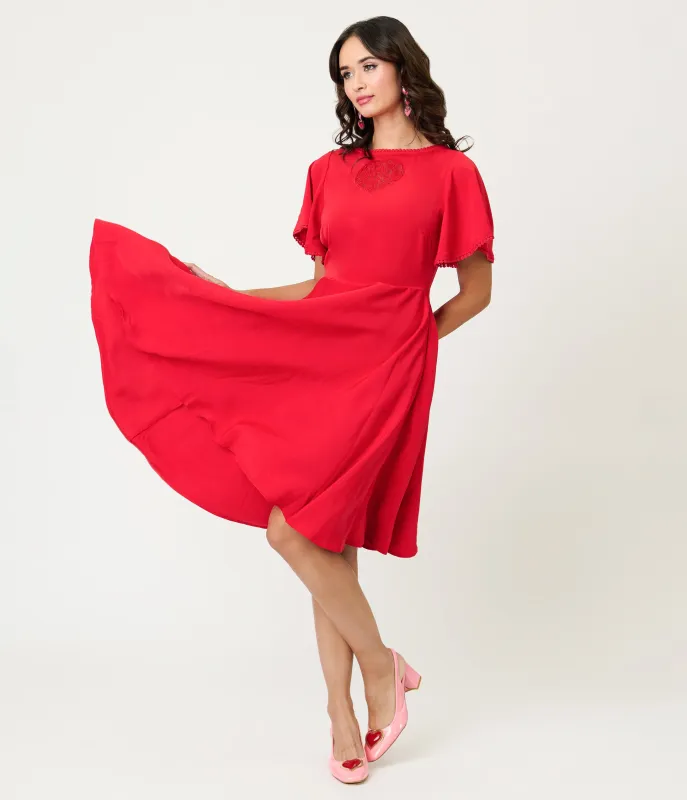 Preorder-Unique Vintage Red Floral Mesh Cutout Swing Dress sold by Unique Vintage