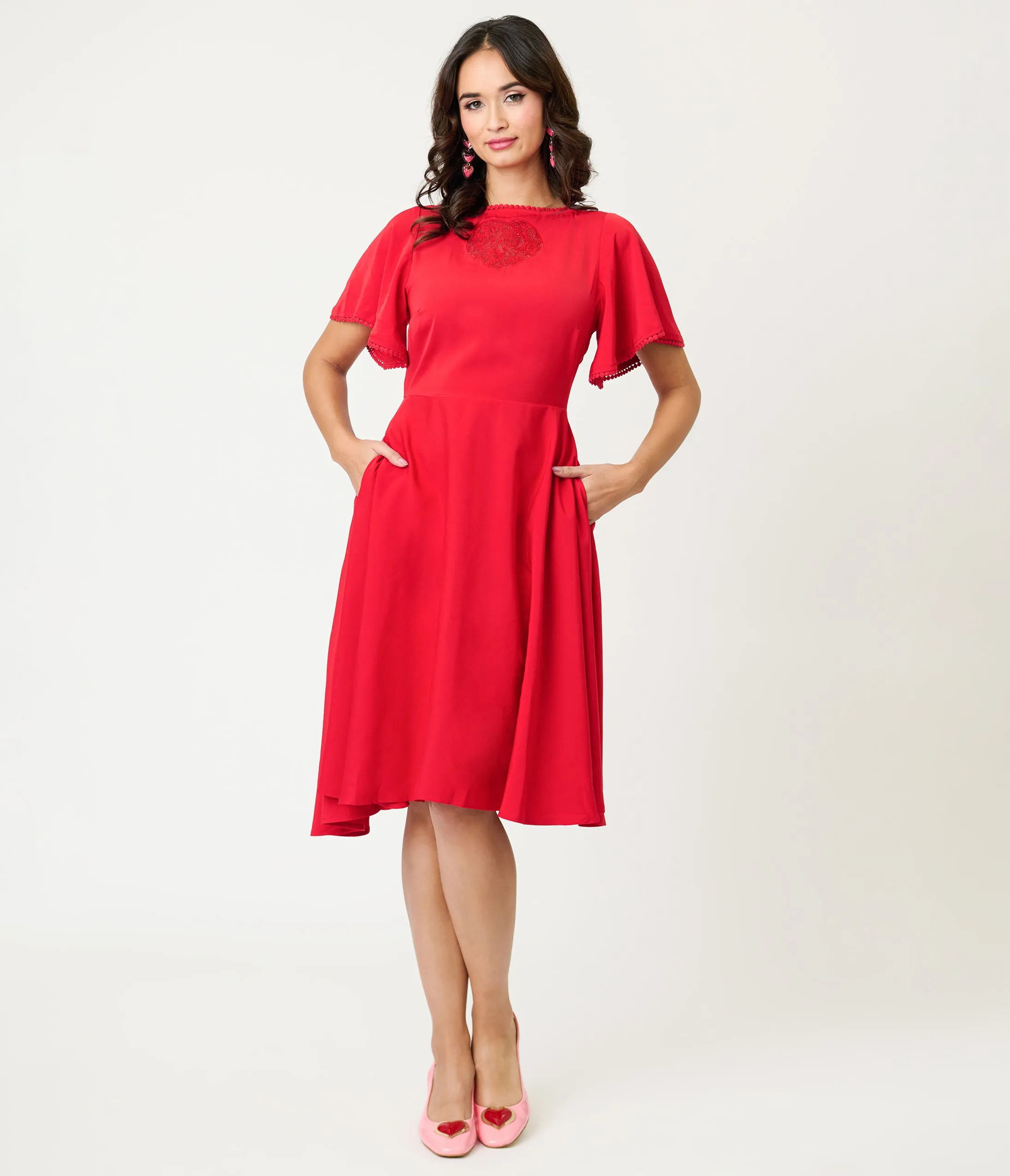 Unique Vintage Red Floral Mesh Cutout Swing Dress sold by Unique Vintage product image thumbnail 4