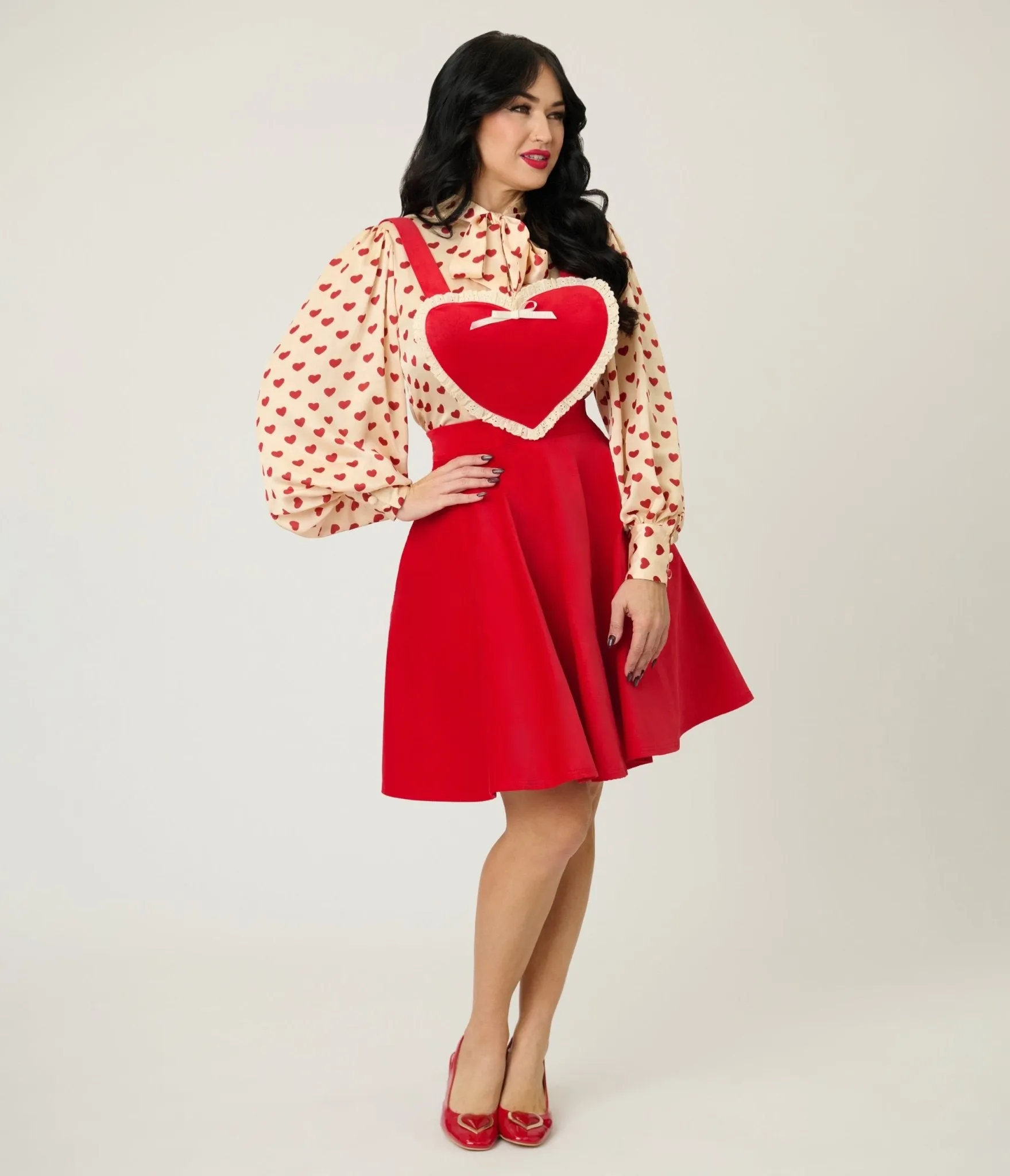 Unique Vintage Red Heart Bib Pinafore Skirt sold by Unique Vintage