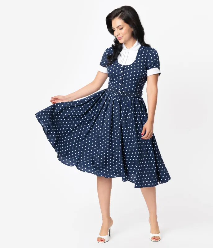 Unique Vintage Navy & White Polka Dot Ricardo Swing Dress sold by Unique Vintage
