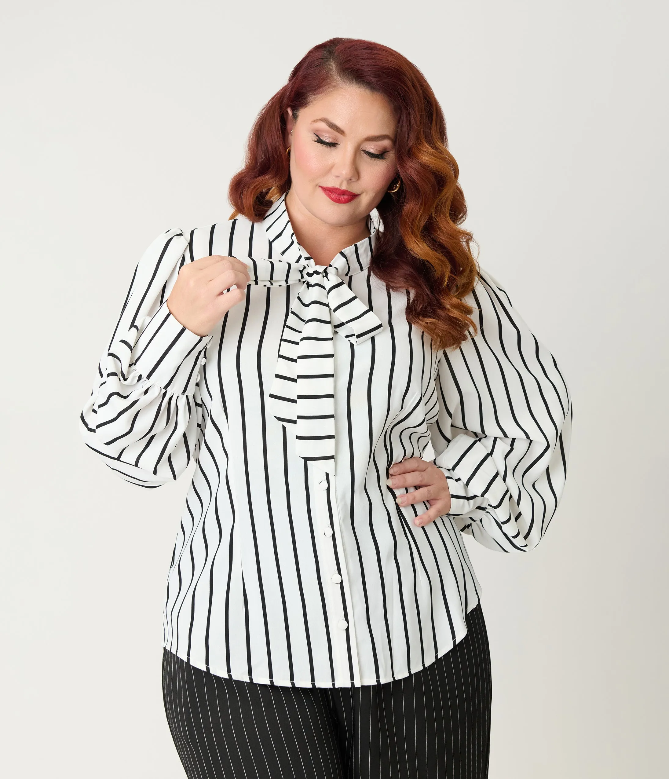 Unique Vintage Plus Size 1940s White & Black Stripe Neck Tie Gwen Blouse sold by Unique Vintage product image thumbnail 3